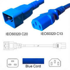 C20 to C13 Blue 3,0 m, 10a/250v, H05VV-F3G1,5 Power Cord
