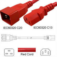 C20 to C13 Red 1,0 m, 10a/250v, H05VV-F3G1,0 Power Cord 